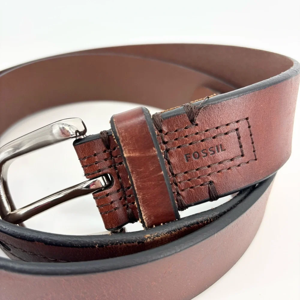 Fossil Mens Leather Belt Brown Silver‎ Buckle Size 40